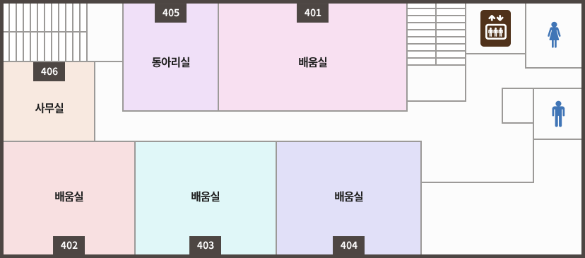 별관4층 청사안내도(왼쪽상단부터 시계방향으로) : 405-동아리실, 401-배움실, 엘리베이터, 화장실(여), 화장실(남), 404-배움실, 403-배움실, 402-배움실, 406-사무실