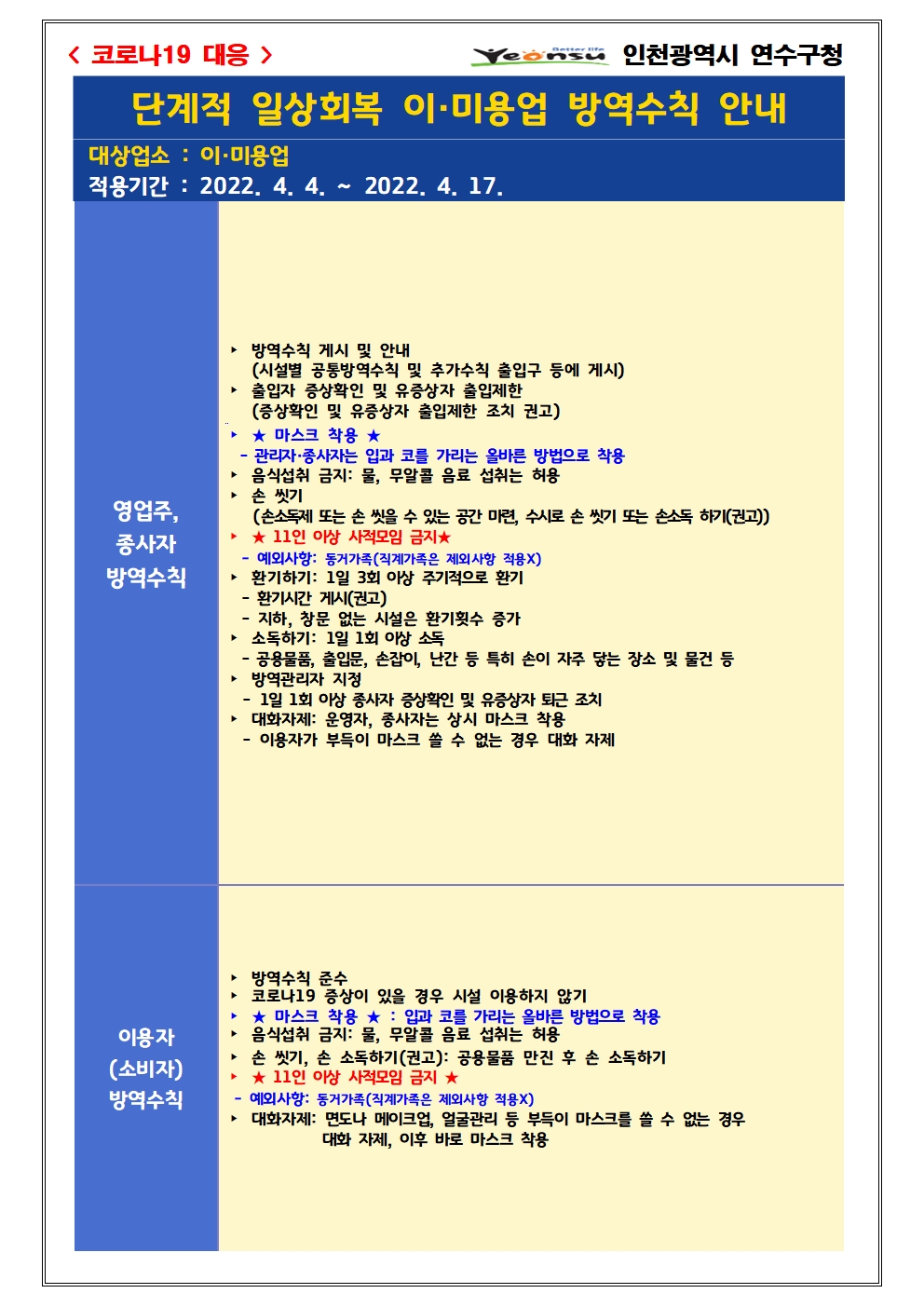 공중위생업소 코로나19 방역수칙 변경 안내의 3번째 이미지