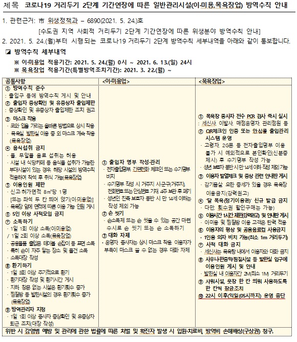 5.24.~6.13. 이미용업, 목욕장업 방역수칙 세부내역 안내의 1번째 이미지