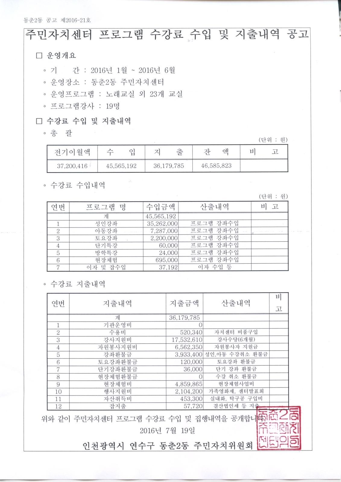 동춘2동 주민자치센터 2016년도 상반기 프로그램 수강료 수입 및 지출내역 공고의 번째 이미지