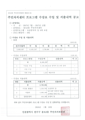 주민자치센터 프로그램 수강료 수입 및 지출내역 공고의 번째 이미지