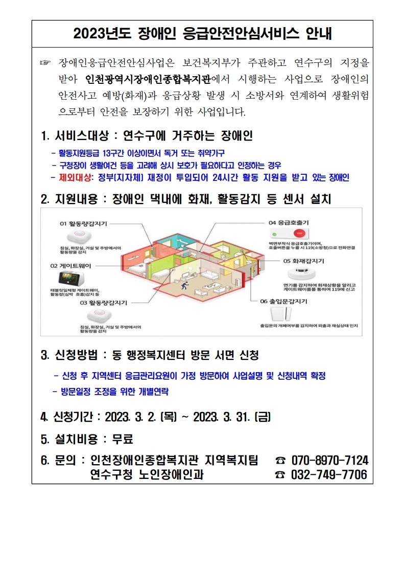 연수구는 3월 한 달간 장애인 응급안전안심서비스 신규 대상자 650세대 발굴을 위해 집중신청 기간을 운영한다.