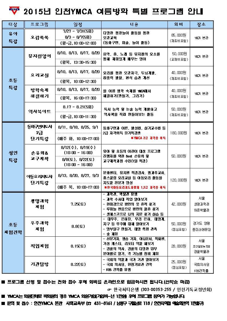 2015년 인천YMCA 여름방학 특별 프로그램 모집안내의 1번째 이미지